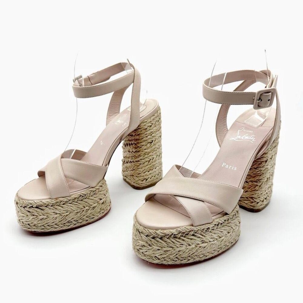 CHRISTIAN LOUBOUTIN Super Mariza Platform Espadrille Block Heels Size 40 Beige